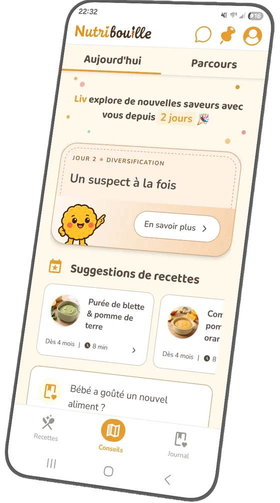Application Nutribouille : l'écran du jour avec la notion et les recettes à mettre en pratique