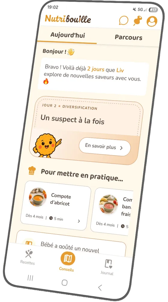 Application Nutribouille : l'écran du jour avec la notion et les recettes à mettre en pratique