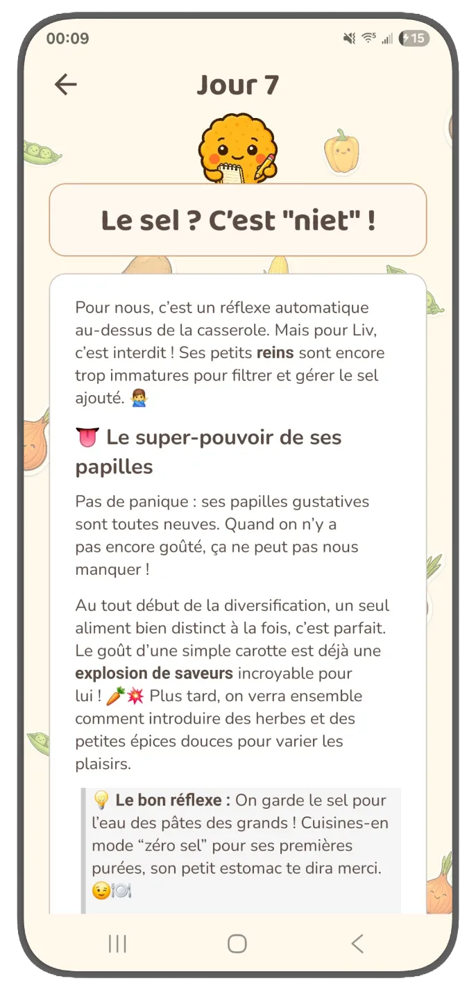Écran quotidien de Nutribouille avec une notion du jour expliquée simplement