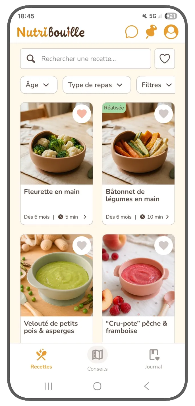 Liste des recettes Nutribouille avec filtres par âge, repas et régime